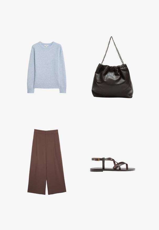 Jasnoniebieski sweter z prążkowanej dzianiny z okrągłym dekoltem, opadającymi ramionami oraz prążkowanym dołem i mankietami. Miękka tekstura i luźny krój.; Brązowe spodnie o szerokich nogawkach z gładką fakturą, z wysokim stanem i plisami z przodu. Materiał jest lekki i luźno opada.; Brązowe skórzane sandały z krzyżującymi się paskami, zapięciem na klamrę przy kostce oraz płaską podeszwą z minimalnymi detalami szycia.; Brązowa skórzana torba z marszczonym szczytem i łańcuszkowym paskiem. Gładka tekstura z błyszczącym wykończeniem i subtelnymi detalami szwów po bokach.