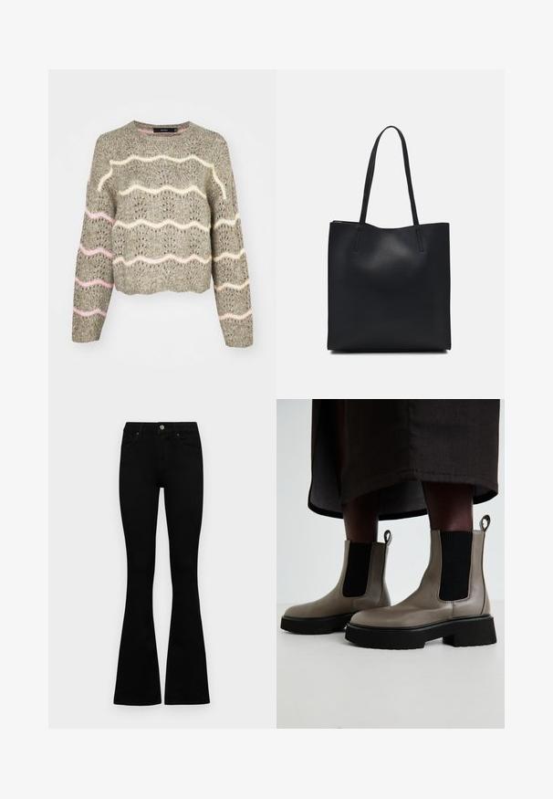 Hímzett, világos szürke cropped pulóver hullámos rózsaszín és krémszínű mintákkal, kerek nyakkivágással és hosszú ujjakkal. Texturált anyagtervezés.; Fekete, magas derekú farmernadrág gomb- és cipzárzárral, elülső zsebekkel és harangszárral, laposan egy fehér háttérre terítve.; Szürke bokacsizmák texturált bőrből, elasztikus oldalpanellel és vastag fekete talppal. Könnyű felvételt biztosító húzófülek találhatók rajtuk.; Fekete bőrtáska sima felszínnel, téglalap alakú, két hosszú füllel. Nincs látható fémkiegészítő vagy díszítés.