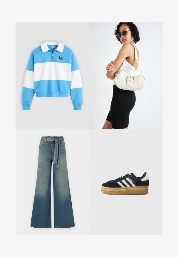 Sinine-valgete triipudega dressipluus lukuga kraega, rinnal tumesiniste tikitud tähtedega "LS". Pehme materjal, lühendatud lõige.; Laiad denimpüksid, millel on hele tume sinine gradiendiefekt, kõrge vöökoht, vöökumlid ja sobivast kangast vöö. Struktureeritud denimi viimistlus.; Mustad musta karvased tossud valgete triipudega ja kuldsete kirjadega, pakse naha põhja ja tekstuurse ülemise osaga. Tootes on ka karvane tagumine osa.; Valge nahast käekott, millel on kõver kuju, reguleeritav rihm ja väike nööbiga detail. Mudel kannab sobivat musta kostüümi.