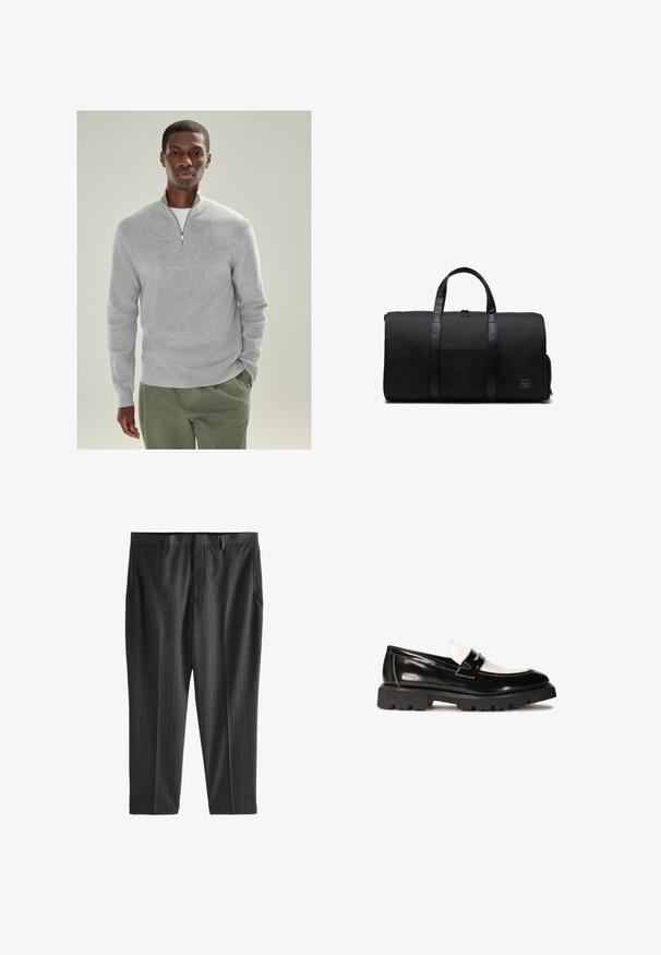 Pullover a maglia grigio chiaro con colletto a zip a un quarto, texture a coste e maniche lunghe, abbinato a pantaloni verde oliva.; T-shirt bianca in cotone con scollatura a girocollo, maniche corte e vestibilità rilassata. Presenta un design semplice senza motivi o accenti.; Next STRIPE-REGULAR FIT - Chino - charcoal grey; Mocassini in vernice nera con accento in pelle bianca, suola in gomma nera dal battistrada spesso e dettagli cuciti. Texture liscia con una finitura lucida.; Borsa da viaggio nera in tessuto resistente con dettagli in pelle. Presenta due manici robusti e una tasca laterale con zip per ulteriore spazio di stoccaggio.