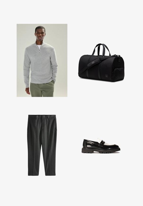 Light gray knit pullover with a quarter-zip collar, ribbed texture, and long sleeves, paired with olive green trousers.; White cotton t-shirt with a crew neckline, short sleeves, and a relaxed fit. Features plain design without patterns or accents.; Next STRIPE-REGULAR FIT - Chinos - charcoal grey; Black patent leather loafers with a white leather accent, thick black rubber tread sole, and stitched detailing. Smooth texture with a shiny finish.; Black duffel bag made of durable fabric with leather accents, featuring dual handles, adjustable shoulder strap, and a zippered side pocket.