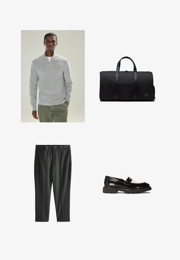Pullover en tricot gris clair avec un col zippé à quart, texture côtelée et manches longues, associé à un pantalon vert olive.; Next STRIPE-REGULAR FIT - Chino - charcoal grey; Mocassins en cuir verni noir avec un accent en cuir blanc, semelle épaisse en caoutchouc noir, et détails cousus. Texture lisse avec une finition brillante.; Sac de sport noir en tissu résistant avec des poignées en cuir lisse, de forme cylindrique, zip visible et une petite étiquette de marque à l'avant.