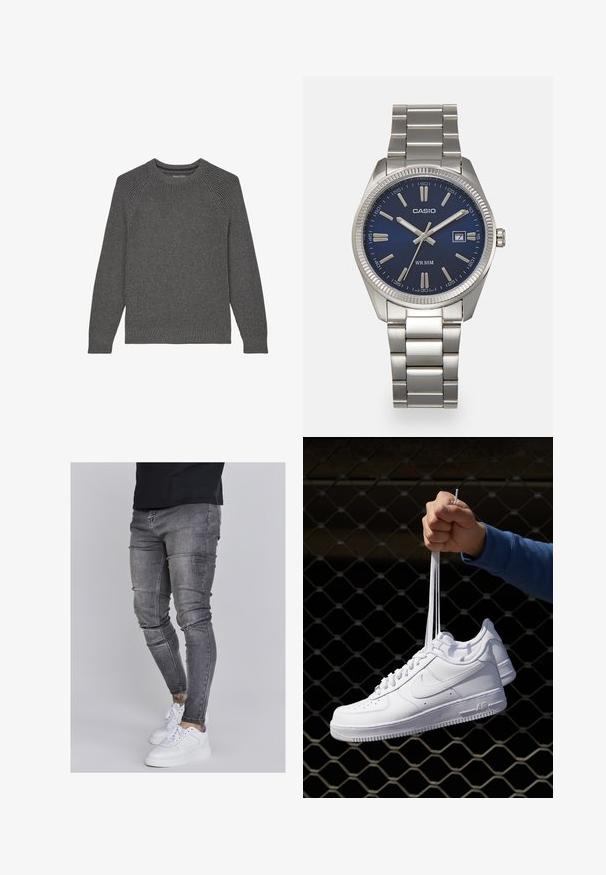 Marc O'Polo CREWNECK - Strickpullover - graphite grey melange; Schlanke Jeans aus ausgebleichtem grauem Denim, mit abgenutzten Details an den Knien, kombiniert mit weißen Sneakers. Glatte Textur, schlanker Schnitt.; Weiße Leder-Sneaker mit Perforationen, runder Zehenpartie, flacher Sohle und dicken Schnürsenkeln, mit sichtbar eingesticktem Swoosh-Logo und "AIR" an der Ferse.; Silberner Armbanduhr aus Edelstahl mit einem dunkelblauen Zifferblatt, metallischen Stundenmarkierungen und einem Datumsfenster bei 3 Uhr. Wasserdicht bis 50 Meter.