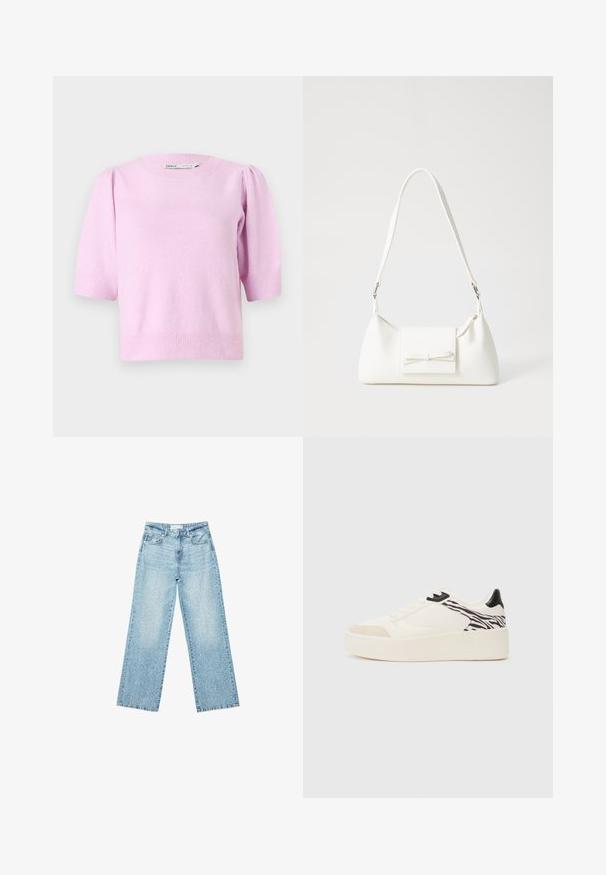 Roza kratka majica s kratkimi rokavi z okroglo ovratnikom, rebrastimi manšetami in mehkim videzom, s subtilnimi puff detajli na ramenih.; Svjetloplave široke traperice s visokim strukom, s izblijedjelim pranjem i malim, raštrkanim oštećenjima po cijelom dijelu.; Even&Odd Športni copati - white/black; Bela sintetična torbica v obliki trikotnika, z ravnim sprednjim poklopcem in detajlom mašne, nastavljivim trakom, gladko teksturo in minimalističnim dizajnom.