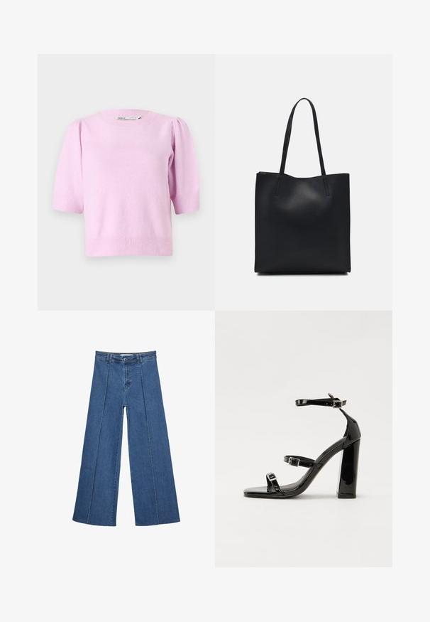 Rosa kurzärmliger Pullover mit Rundhalsausschnitt, gerippten Bündchen und weicher Textur, mit dezenten Puffdetails an den Schultern.; Weite Jeans aus Denim in Mittelblau, mit hoher Taille, Knopfverschluss und kontrastierenden vertikalen Nahtdetails an der Vorderseite.; Schwarze patentierte Sandalen mit Absatz, quadratischer Spitze, Knöchelriemen und silbernen Schnallen. Mit einem stabilen Blockabsatz für mehr Stabilität.; Schwarze Laptoptasche aus Leder mit glatter Textur, rechteckiger Form und zwei langen Griffen. Keine sichtbaren Beschläge oder Verzierungen.