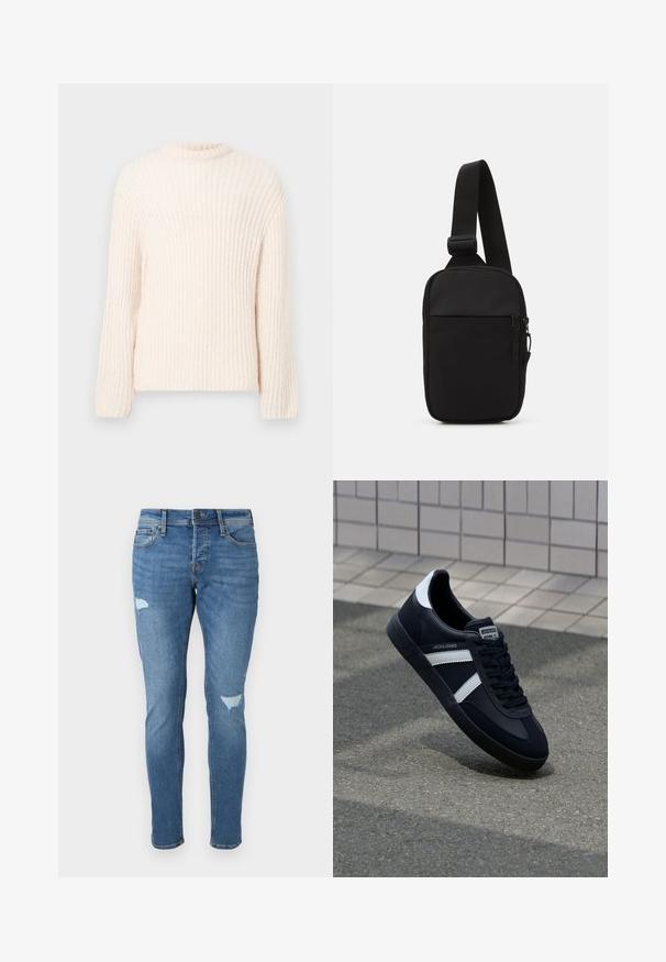 Chunky kremasti pleteni džemper s okruglim izrezom, dugim rukavima i rebrastom teksturom. Jednostavan dizajn i mekani materijal.; Izblijedjeli plavi traperice uskog kroja, s izbrazdanim dijelovima na koljenima, zatvaranjem na gumbe i dizajnom s pet džepova.; Crne kožne tenisice s bijelim prugama, strukturirana gumena potplate i vezanjem sprijeda. Ima oznaku brenda na jeziku.; Crna torba preko tijela napravljena od izdržljive tkanine, s jednim podesivim remenom, glavnim odjeljkom na patentni zatvarač i prednjim džepom.