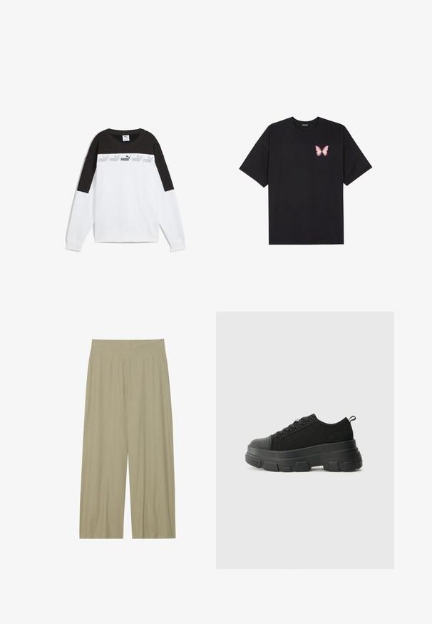 Valkoinen huppari, jossa on musta yläpaneeli ja toistuva harmaa "PUMA"-logo. Valmistettu pehmeästä kankaasta, pitkät hihat ja pyöreä kaula-aukko.; Musta puuvillapaita lyhyillä hihoilla, jossa on pieni vaaleanpunainen perhosgrafiikka vasemmassa rinnassa. Pyöreä kaula-aukko ja rento istuvuus.; Vaaleanoliivinvihreät, leveät housut, jotka on valmistettu teksturoidusta kankaasta, jossa on pystysuorat pleaatit ja mukava, joustava vyötärö.; Mustat urheilukengät, joissa on paksu kumipohja, teksturoitu kangasvarsi, pyöreä kärki ja nauhalukitus. Varusteena vahvistetut nauhareiät ja takana vetotanko.