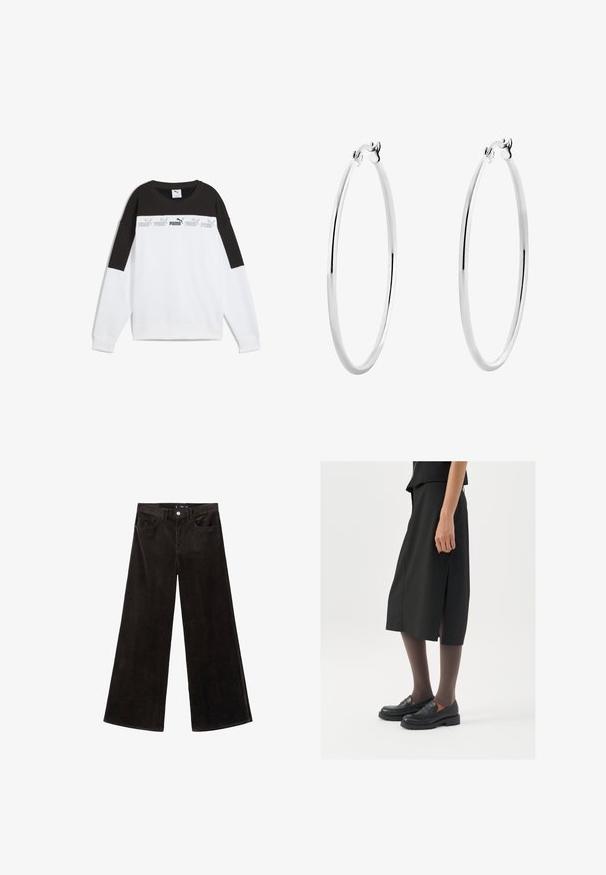 White sweatshirt with a black upper panel, featuring a repeated grey "PUMA" logo. Made of soft fabric with long sleeves and a crew neck.; Black corduroy wide-leg pants with a high waist, front pockets, and a textured fabric, featuring a button closure and belt loops.; Black knee-length skirt with side slit, paired with black loafers and sheer brown tights, featuring a smooth fabric and simple design.; Silver hoop earrings with a smooth, polished surface and a thin, circular shape. The design features a secure clasp.