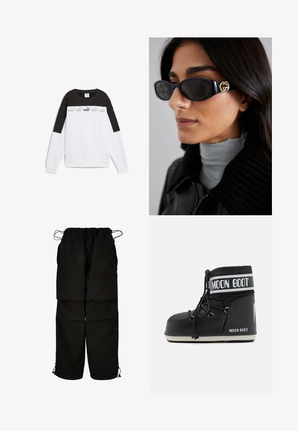 Fehér pulóver fekete felső résszel, ismétlődő szürke "PUMA" logóval. Puha anyagból készült, hosszú ujjú és környakú.; Fekete nadrág könnyű anyagból, állítható derékpánttal és zsinóros szegéllyel. Lazán, oversized szabású, több zsebbel tervezve.; Fekete Moon Boot párnázott felsőrésszel, fűzővel rögzítve, jellegzetes fehér szalaggal, amelyen a logo található. Vastag, texturált gumitalp.; Fekete napszemüveg, sima, téglalap alakú kerettel, arany logóval az oldalon. Sötét lencsék és fényes felület jellemzi.