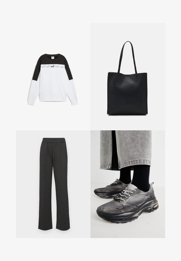 Weißes Sweatshirt mit einem schwarzen oberen Abschnitt, das mit einem wiederholten grauen "PUMA"-Logo versehen ist. Aus weichem Stoff mit langen Ärmeln und Rundhalsausschnitt gefertigt.; Schwarze gerade geschnittene Hose mit elastischem Bund, vorderen Falten, weichem Stoff und ohne sichtbare Muster oder Hardware-Details.; Schwarze und graue Sportschuhe verfügen über ein Obermaterial aus Mesh, dicke Sohlen und Schnürsenkel. Sie haben eine abgerundete Zehenpartie und sichtbare Dämpfungsdetails.; Schwarze Laptoptasche aus Leder mit glatter Textur, rechteckiger Form und zwei langen Griffen. Keine sichtbaren Beschläge oder Verzierungen.