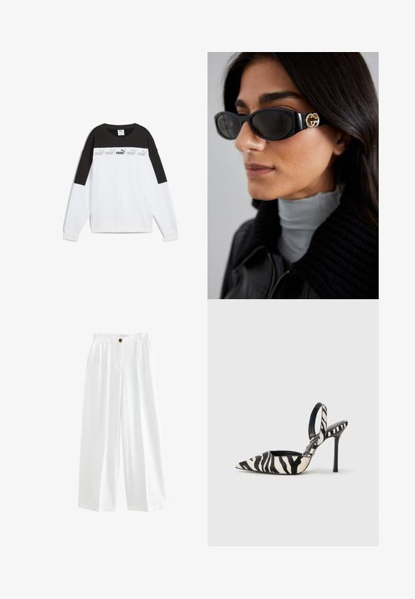 Witte sweatshirt met een zwart bovenpaneel, met een herhaald grijs "PUMA" logo. Gemaakt van zachte stof met lange mouwen en een ronde hals.; Witte wijde broek van lichtgewicht stof. Kenmerkt zich door een knoopsluiting, twee zijzakken en een comfortabele pasvorm.; Puntige slingback hak in zwart en crèmekleurig zebra print, met een slanke hoge hak en open achterkant, voorzien van een zwarte binnenkant.; Zwarte zonnebril met een stijlvolle rechthoekige montuur en een gouden logo-accent aan de zijkant. Donkere lenzen en een glanzende afwerking zijn opvallend.; Zwarte leren geweven tote bag met een slouchy vorm en een brede schouderriem. Kenmerkt zich door een gestructureerd, verweven ontwerp met een gladde afwerking.