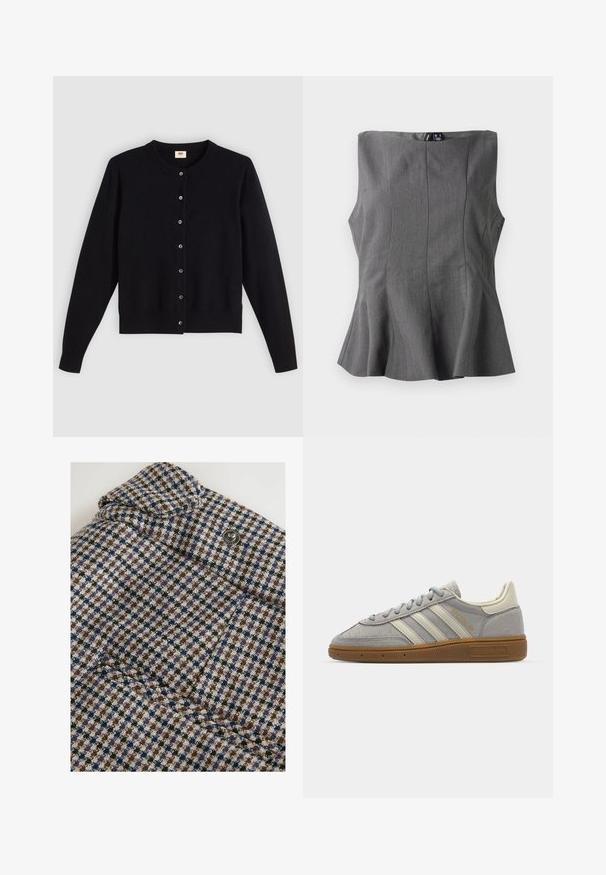 Mustre mustikasinine kardigan ümarate kraede, pikkade varrukate ja ees oleva nupuga. Valmistatud pehmest kangast, millel on õrnad soonikkoes mansetid ja alläär.; Hallhalli peplum top, mille on struktuurne, ilma varrukateta disain. Valmistatud siledast kangast, millel on vertikaalsed õmblused ja sirge kaelus.; Next REGULAR FIT - CHECK BARREL TAILORED - Püksid - brown; Hallid hallid seemisjalanõud heledate hallide nahkrihmade ja kummist tallaga. Omadusteks on paelad ja diskreetne brändimine keeles.