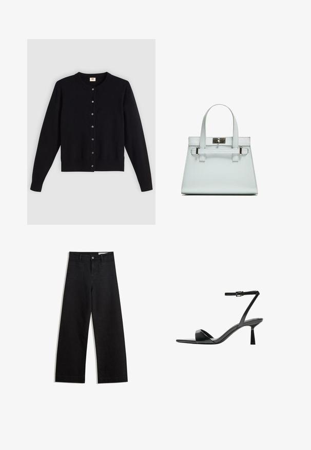 Črn kardigan z okroglim izrezom, dolgimi rokavi in sprednjim zapiranjem na gumb. Narejen iz mehke tkanine z diskretnimi rebrastimi manšetami in robom.; Črne široke denim hlače z visokim pasom, ki imajo sprednje in zadnje žepe, šivane šive ter gumbasto zapiranje. Gladka tekstura.; Bershka Sandali z visoko peto - black; Svetlo modra torbica z oblikovano zasnovo, dvema ročkama in kljuko iz srebrno-toniranega materiala. Teksturni material in ostri koti.
