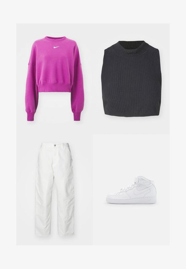 Sweatshirt cropped roxo feito de uma mistura de algodão, com decote redondo, mangas longas e um logo branco da Nike no peito.; Top cropped com textura em azul escuro, apresentando um decote alto e um discreto logo da Nike. O tecido tem uma aparência texturizada e elástica.; Calças cargo brancas feitas de denim, com um corte descontraído, bolsos laterais e detalhes de costura visíveis. Frente simples com fecho de botão.; Tênis brancos de cano alto feitos de couro, com colarinho acolchoado, ponta perfurada, cadarços e tira ajustável no tornozelo; logotipo na lateral.
