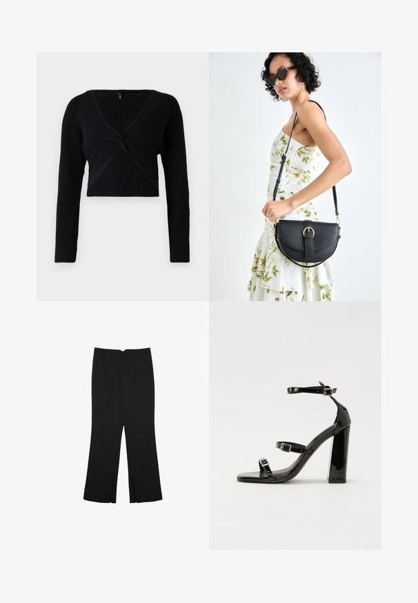 Pull court noir en maille côtelée, avec un décolleté en V profond, des manches longues et un détail noué à l'avant pour une texture supplémentaire.; Pantalon noir avec une coupe droite, doté de poches avant et d'éclairs sur l'ourlet. Fabriqué en tissu doux et lisse. Convient à diverses occasions.; Sandales à talons vernies noires avec un bout carré, des sangles autour de la cheville et des boucles en argent. Dotées d'un talon bloc épais pour plus de stabilité.; Sac à main en cuir noir avec une forme courbée, bandoulière amovible et des accessoires en or. Le sac est doté d'un rabat avec un détail de boucle.