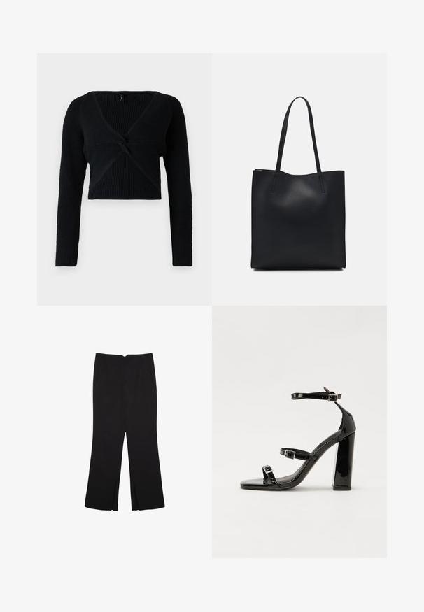 Black cropped sweater made of ribbed knit fabric, featuring a deep V-neck, long sleeves, and a knotted front detail for added texture.; Black trousers with a straight fit, featuring front pockets and side slits at the hem. Made of soft, smooth fabric. Suitable for various occasions.; Black patent heeled sandals with a square toe, ankle straps, and silver buckles. Features a chunky block heel for stability.; Black leather tote bag with smooth texture, rectangular shape, and two long handles. No visible hardware or embellishments.
