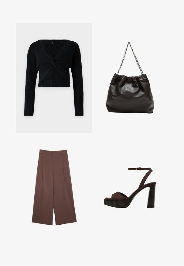 Schwarzer, verkürzter Pullover aus geripptem Strickstoff mit tiefem V-Ausschnitt, langen Ärmeln und einem geknoteten Vorderteil für zusätzliche Textur.; Braune Weite-Leg-Hosen mit einer glatten Textur, hoher Taille und Vorderfalten. Der Stoff ist leicht und fällt locker.; Braune Wildleder-Pumps mit offenem Zeh, verstellbarem Knöchelriemen und gestreiftem Plateausohlen.; Braune Lederhandtasche mit gerafftem Oberteil und Kettenriemen. Glatte Textur mit glänzendem Finish und subtilen Nahtdetails an den Seiten.
