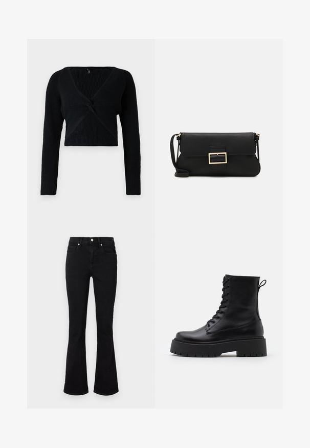 Must muströödaga must värviline lühendatud sviiter, valmistatud ribakudumist, millel on sügav V-kaelus, pikad varrukad ja sõlmega esidetail, mis lisab tekstuuri.; Mustad flared teksasaapad, millel on keskmise tõusuga vöökoht, eesmine taskud ja nupplikuga kinnistus. Sile tekstuur minimaalse õmbluste detailidega.; Mustad mustad nahast pahkluu saapad ümarate varvastega, nööridega esiosas ja paksu kummist talla ning tekstuuritud mustriga. Tagumine tõmbeaas.; Must haben musta nahkklahviga kott, millel on klapp ja kuldne metallist pandla detail. Kaasas must rihm ja stiilne, minimalistlik disain.