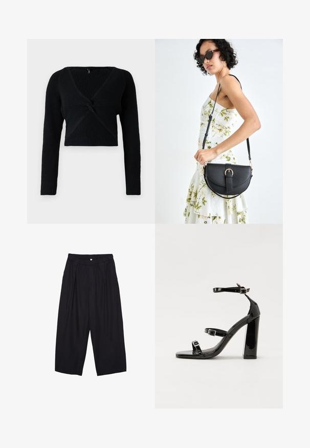 Černý zkrácený svetr vyrobený z žebrované pleteniny, s hlubokým véčkovým výstřihem, dlouhými rukávy a uzlovým detailem na přední straně pro přidanou texturu.; Černé polyesterové culotte kalhoty s elastickým pasem, dvěma předními sklady a volným siluetou. Žádné viditelné vzory ani kovové detaily.; Černé lakované sandály na podpatku se čtveratou špičkou, lýtkovými pásky a stříbrnými přezkami. Disponují masivním blokovým podpatkem pro stabilitu.; Černá kožená kabelka s křivkovým tvarem, odnímatelným popruhem a zlatými detaily. Kabelka má klopu s přezkou.