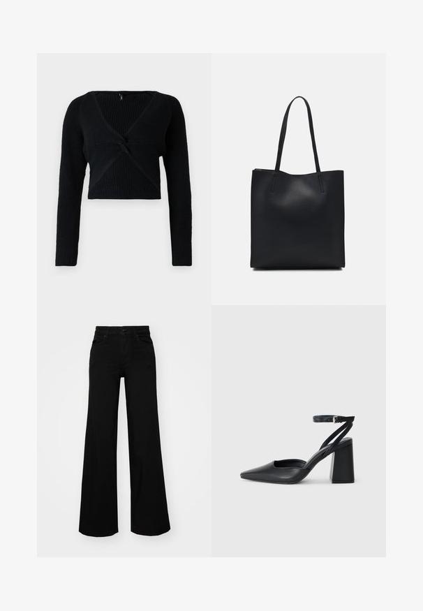 Czarny krótki sweter wykonany z prążkowanej dzianiny, z głębokim dekoltem w kształcie V, długimi rękawami i wiązanym przodem, co dodaje tekstury.; Czarne szerokie spodnie dżinsowe z usztywnionym pasem, szlufkami na pasek i kieszeniami z przodu. Gładka faktura o klasycznym fasonie.; Czarne skórzane czółenka z ostrym noskiem, z paskiem na kostce i grubym obcasem. Gładka faktura, elegancki design i minimalistyczna estetyka.; Czarna skórzana torba tote o gładkiej fakturze, prostokątnym kształcie i dwóch długich uchwytach. Brak widocznych elementów metalowych i ozdób.