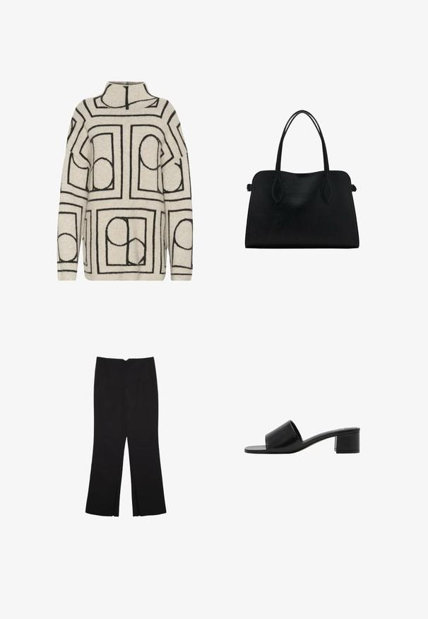 Pletený svetr v světle béžové barvě s černými geometrickými vzory, s vysokým límcem, volným střihem a texturovaným materiálem pro dodatečné teplo.; Černé kalhoty s rovným střihem, s předními kapsami a bočními rozparky na lemu. Vyrobené z jemné, hladké tkaniny. Vhodné na různé příležitosti.; Černé otevřené sandály na klínku z kůže s širokým páskem a pevným blokovým podpatkem. Mají hladkou strukturu a minimalistický design.; Černá kožená kabelka s dvojitými ramenními popruhy, obdélníkový tvar a minimalistický design na bílém pozadí.
