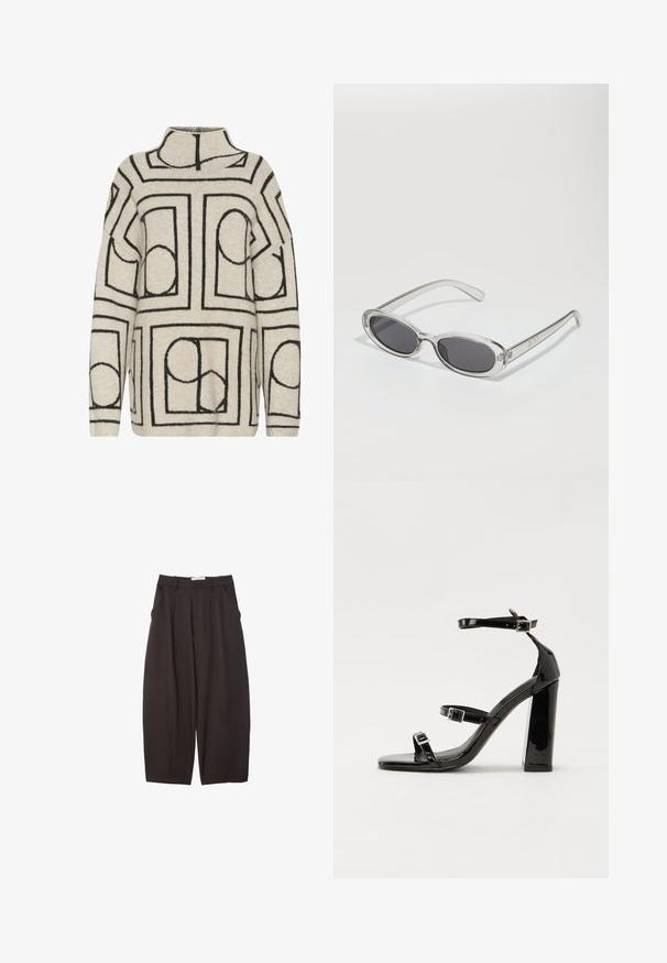 Pletena majica u svijetlosmeškoj boji s crnim geometrijskim uzorcima, s visokim ovratnikom, slobodnim krojem i teksturiranom tkaninom za dodatnu toplinu.; Crne široke hlače napravljene od glatke tkanine, s visokim strukom, prednjim nabranjima i bočnim džepovima. Jednostavan dizajn bez ukrasa.; Crne lakirane sandale na pete sa kvadratnim nosom, trakama oko gležnja i srebrnim kopčama. Imaju čvrst blok petu za stabilnost.; Naočale u ovalnom obliku, okvir od prozirne plastike, tamno sivi leće i tanke prozirne ručke s logotipom i minimalnim detaljima.; Crna kožna torba preko ramena sa opuštenim oblikom i detaljima šavova. Model nosi majicu s ružičasto-bijelim prugama i široke plave traperice.