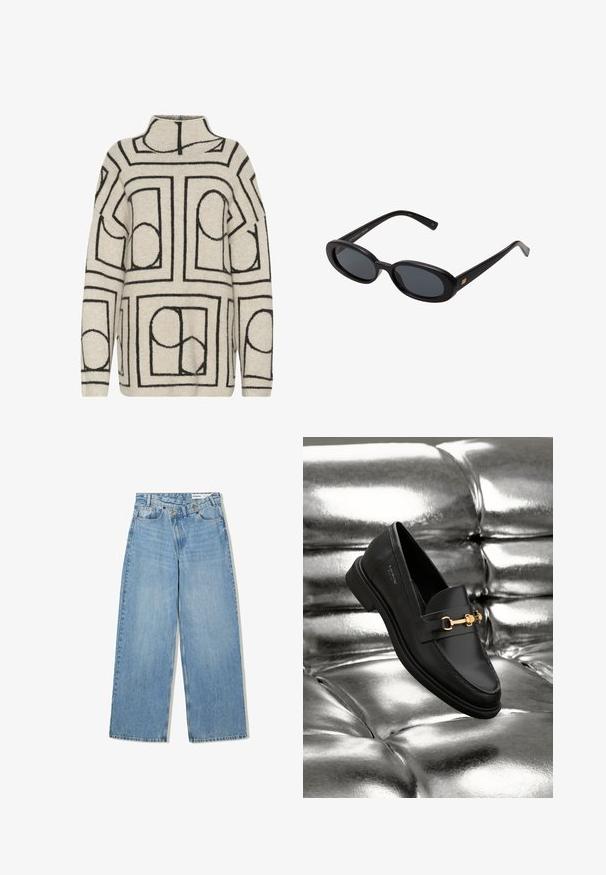 Pletený pulóver v svetlo béžovej farbe s čiernymi geometrickými vzormi, s vysokým golierom, voľným strihom a textúrovanou tkaninou pre lepšie teplo.; Svetlomodré široké džínsy vyrobené z denimu, s vysokým pásom, piatimi vreckami, zapínaním na gombík a jemným vyblednutím pre textúru.; Čierne kožené mokasíny so zlatými kovovými detailmi. Obuv má elegantný dizajn a hladký, lesklý povrch.; Čierne oversized slnečné okuliare s oválnymi šošovkami, hladkým plastovým rámom a zlatými akcentmi na straniciach. Tmavé šošovky poskytujú ochranu pred slnkom.; Svetlohnedá kabelka v štýle hobo s jedným širokým popruhom a zakriveným otváraním na vrchu, vystavená na bielom pozadí.