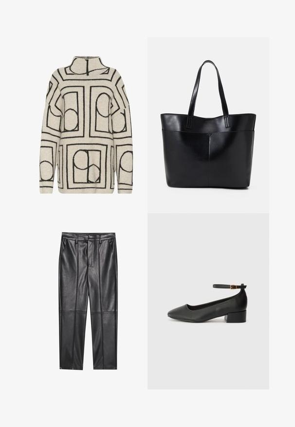 Trui gebreid in lichtbeige met zwarte geometrische patronen, voorzien van een hoge hals, een losse pasvorm en een textiele stof voor extra warmte.; Zwarte leren broeken met een gladde textuur, voorzien van een rechte pasvorm, twee voorzakken en zichtbare naaddetail.; Zwarte leren pump met een spitse neus en een lage blokhak. Beschikt over een enkelband met een goudkleurige gespsluiting. Gladde textuur.; Zwarte leren tote bag met twee lange handvatten, een zachte textuur en een gestructureerde vorm. Voorzien van een voorvak voor extra opslagruimte.