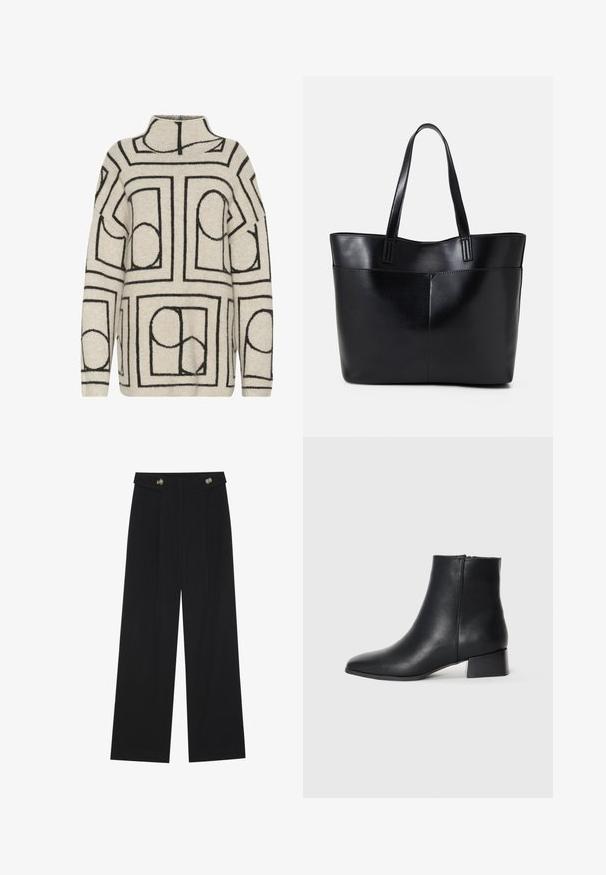 Pull en tricot beige clair avec des motifs géométriques noirs, doté d'un col montant, d'une coupe ample et d'un tissu texturé pour plus de chaleur.; Pantalons larges noirs à taille haute, avec des détails de boutons à la taille et des plis sur le devant.; Botte de cheville en cuir noir avec un bout pointu et un talon bloc bas, présentant une texture lisse et un design minimaliste.; Sac fourre-tout en cuir noir avec deux longues poignées, une texture lisse et une forme structurée. Dispose d'une poche avant pour un rangement supplémentaire.