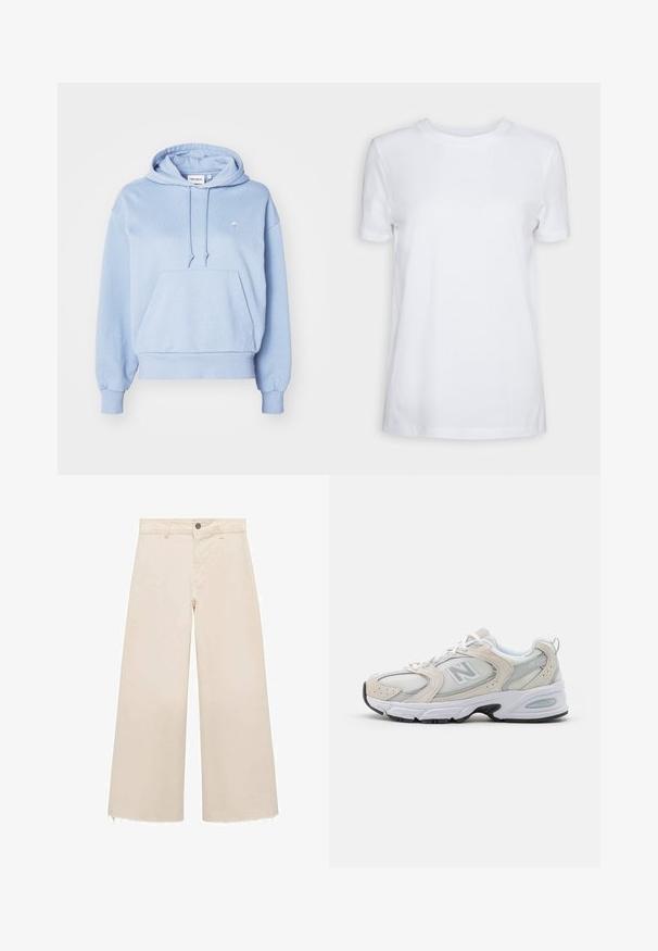 Felpa celeste chiaro realizzata in morbido tessuto, con tasca frontale, cappuccio con cordino e un piccolo logo ricamato sul petto.; T-shirt bianco a maniche corte realizzato in cotone. Design a girocollo con una texture liscia e senza motivi o accenti visibili. Stile base.; Pantaloni a gamba larga in cotone beige chiaro, con chiusura a bottone, orlo leggermente sfrangiato e design a vestibilità ampia.; Scarpa sportiva con tomaia in mesh grigio chiaro e accenti in suede, lacci bianchi e suola in gomma nera. Dettaglio di ammortizzazione ABZORB notevole.