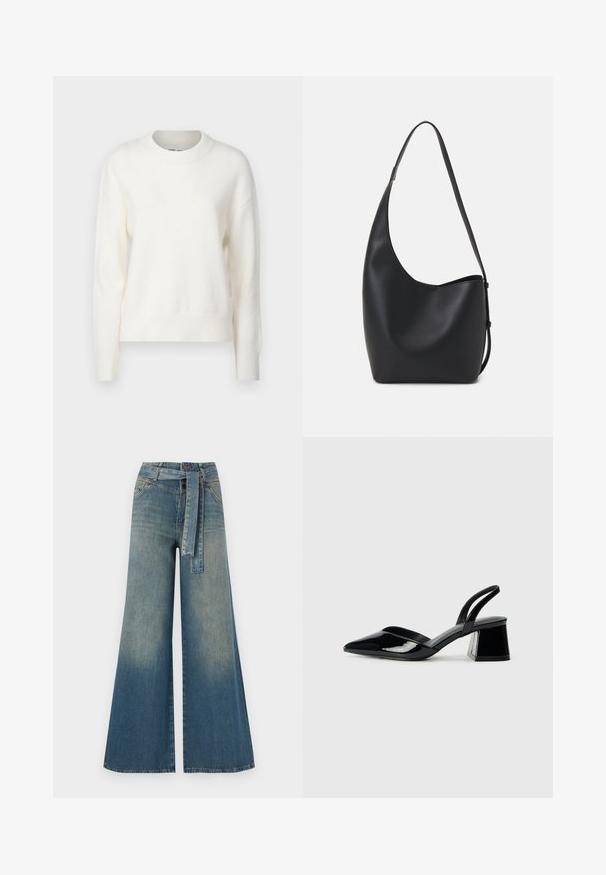 Bijela, mekana pletiva dukserica s okruglim izrezom, dugim rukavima i rebrastim manžetama i rubom. Jednostavan dizajn, lagana tekstura i bez uzoraka ili akcenata.; Široke traperice s gradijentom od svijetloplave do tamnoplave, visokog struka, petljama za remen i remenom od istog materijala. Teksturirana traper tkanina.; Crne lakirane kožne sandale s otvorenom petom i špicastim vrhom, s geometrijskom blok petom. Imaju elegantan, minimalistički dizajn i glatku teksturu.; Crna kožna hobo torba s glatkom teksturom, zakrivljenim oblikom i jednom podesivom trakicom; ima širok otvor na vrhu.