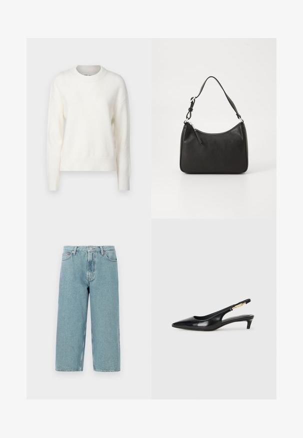 Suéter blanco de punto suave con escote redondeado, mangas largas y puños y dobladillo acanalados. Diseño simple, textura ligera y sin patrones ni acentos.; Pantalones cortos de mezclilla azul claro con cintura alta, corte recto y dobladillo sin acabar. Cuenta con un cierre clásico de botón y cremallera, y cuatro bolsillos.; Tacones negros de piel sintética tipo slingback con punta afilada, que cuentan con un tacón delgado y un detalle en tono dorado en la correa ajustable. Textura suave.; Bolso de mano de cuero negro con forma curvada, una sola correa, cierre de cremallera y marcas sutiles en la parte frontal. Textura suave, diseño minimalista.
