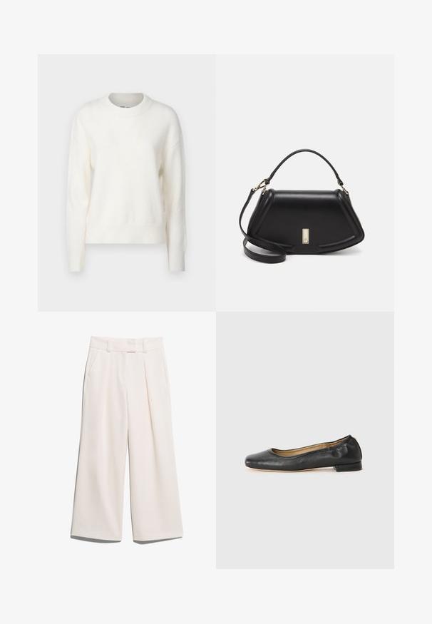 Valge pehme kootud sviiter ümarate kaelustega, pikkade varrukatega ning soonikkoes krae ja hem. Lihtne disain, kerge tekstuur ning ilma mustrite või aksessuaarideta.; Laiad püksid heledas kreemjas värvitoonis, valmistatud siledast kangast, kahel esimesel taskul ja nähtava õmblusega vöökoha juures.; Mustad nahast baleriinijalatsid ümmarguse varba ja minimaalse õmblusega. Madal, ruudukujuline konts ja sile tekstuur. Diskreetne sisepinna detail.; Must mustrist käekott, millel on struktureeritud disain, lühendatud kuju, ülemine käepide ja kuldne metallist detail. Reguleeritav õlalihm on kaasas.