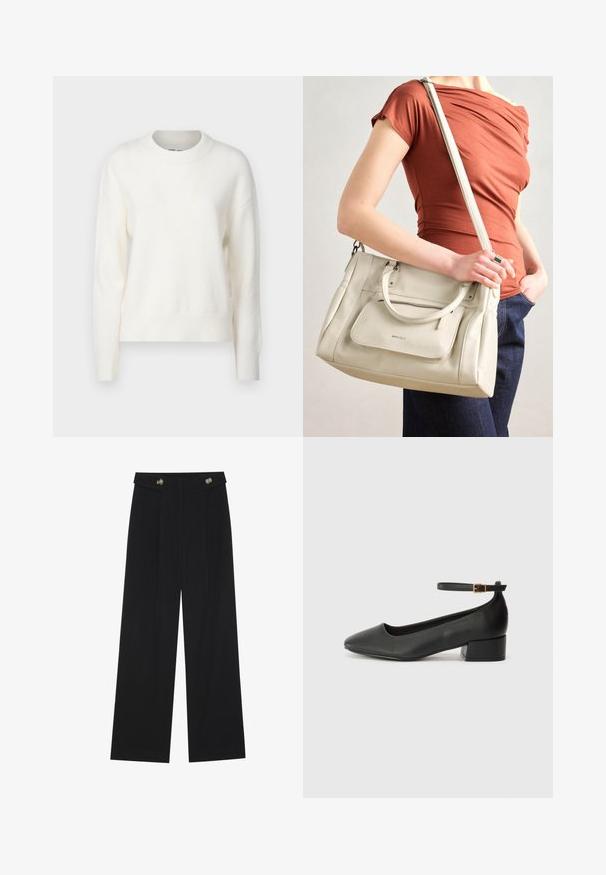 Pulover alb din tricot moale, cu decolteu rotund, mâneci lungi și manșete și tiv cu un model côtelat. Design simplu, textură ușoară și fără modele sau accente.; Pantaloni negri cu picioare largi, talie înaltă, detalii cu butoane pe talie și pliseuri în față.; Pantof cu toc negru din piele, cu vârf ascuțit și toc mic pătrat. Dispune de o curea la gleznă cu o cataramă în tonuri de aur. Textură netedă.; Geantă din piele albă cu mânere duble și o curea detasabilă, având o buzunare frontal cu fermoar și o textură netedă. Purtați-o pe brațul unei persoane.
