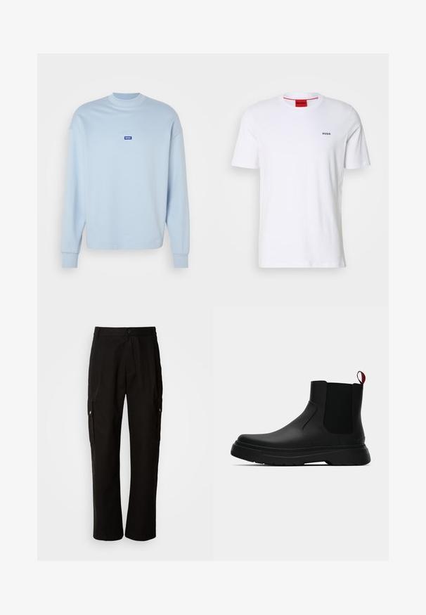 Světle modrý svetr s kulatým výstřihem a dlouhými rukávy. Na hrudi je umístěno malé modré logo "HUGO". Hladká tkanina a uvolněný střih.; Bílý bavlněný tričko s krátkým rukávem, kulatým výstřihem a malým černým logem "HUGO" na levé hrudi. Má červenou vnitřní etiketu na krku.; Černé cargo kalhoty vyrobené z bavlny s uvolněným střihem, vybavené bočními kapsami, zapínáním na knoflík a rovnými nohavicemi. Jednoduchý design bez vzorů.; Černé kotníkové boty s hladkým povrchem, elastickými bočními panely a kontrastním červeným poutkem, s tlustou gumovou podrážkou a zaoblenou špičkou.