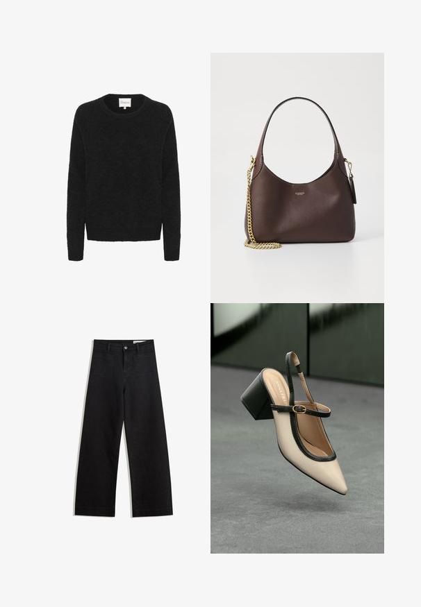Black knit sweater with a round neckline, long sleeves, and a soft texture. Simple design, no patterns or accents.; Black wide-leg denim pants with a high waist, featuring front and back pockets, stitched seams, and a button closure. Smooth texture.; Beige pointed-toe slingback shoe with black trim, gold buckle, and a chunky block heel on gray floor with dark green background.; COACH BROOKLYN SHOULDER BAG 23 - Handbag - maple