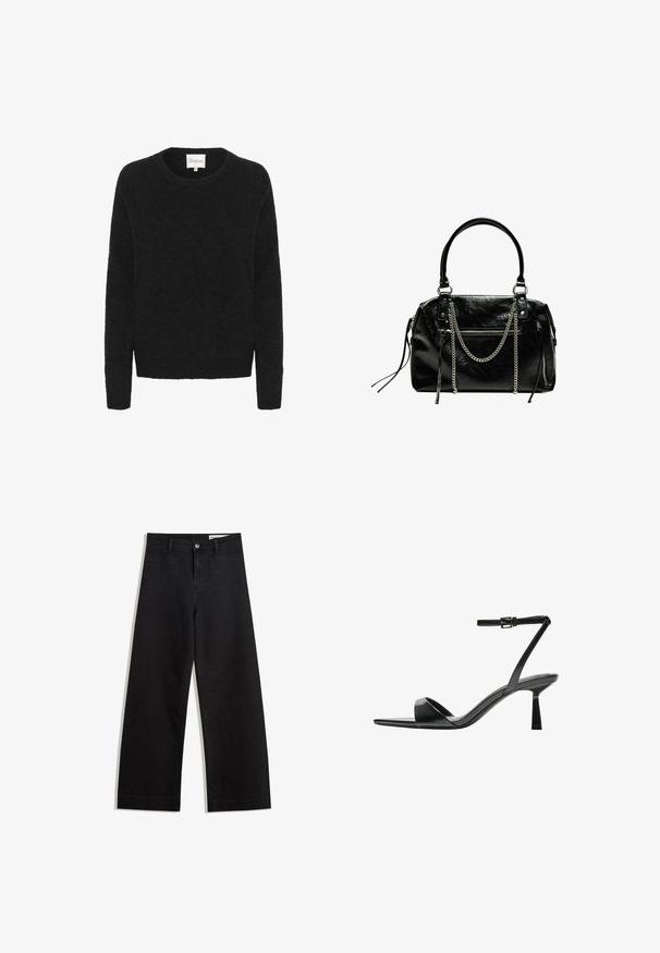 Schwarzer Strickpullover mit rundem Halsausschnitt, langen Ärmeln und einer weichen Textur. Einfaches Design, ohne Muster oder Akzente.; Schwarze weit geschnittene Jeans mit hoher Taille, ausgestattet mit Vorder- und Hintertaschen, gesteppten Nähten und einem Knopfverschluss. Glatte Textur.; Bershka High Heel Sandalette - black; Bershka WITH CHAIN - Handtasche - black