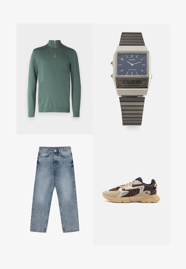 Only & Sons ONSALEX HALF ZIP - Pulóver - chinois green; Világoskék farmernadrág egyenes szárú szabással, látható varrással, öt zsebes kialakítással és gombos derékkal.; Beige és barna sportcipő, textúrált hálós panelek, velúr díszítések és gumitalp jellemzi. Fűzős dizájnnal és márkázott részletekkel rendelkezik.; Casio digitális óra kékkel díszített számlappal, ezüst tokban és rétegezett fekete gumiszíjjal. Idő- és riasztásbeállításokat mutat. Vízálló.