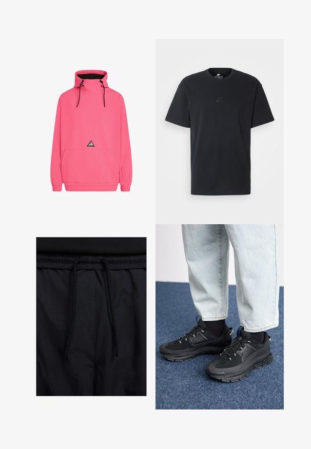 Casaco pullover rosa com gola alta, cordões ajustáveis, bolso frontal e punhos elásticos. Apresenta um logotipo triangular no peito.; T-shirt de algodão preto da Nike com um clássico decote redondo, mangas curtas e um logótipo em relevo discreto no peito. Textura suave.; Calções pretos com um cós elástico ajustável, fabricados em tecido leve com uma textura suave e um design simples, sem logótipos ou padrões visíveis.; Sapatilhas desportivas pretas com tecido texturizado e solas em borracha, apresentando atacadores elásticos e um detalhe azul no calcanhar. Usadas com calças de ganga claras.