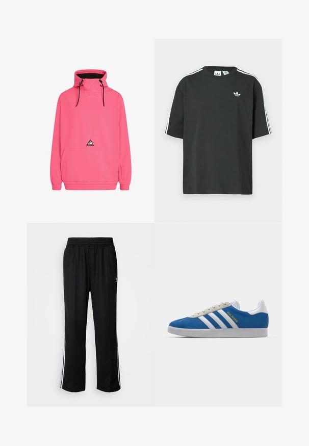 Roosa pullover-jakk kõrge kaelusega, reguleeritavate nööridega, esikoti ja elastsete mansettidega. Rinnal on kolmnurkne logo.; Mustast puuvillast lühikeste varrukatega t-särk, ümmarguse kaelusega ja valgete kolmetriipudega õlgadel. Rinnal on väike valge logo.; Mustad mustad spordipüksid elastse vöökohaga, millel on valged küljeread ja väike logo. Materjal tundub pehme ja kerge.; adidas Originals ADIDAS GAZELLE SHOES - Saalijalgpalli saapad - real madrid/bluebird/footwear white/crew yellow