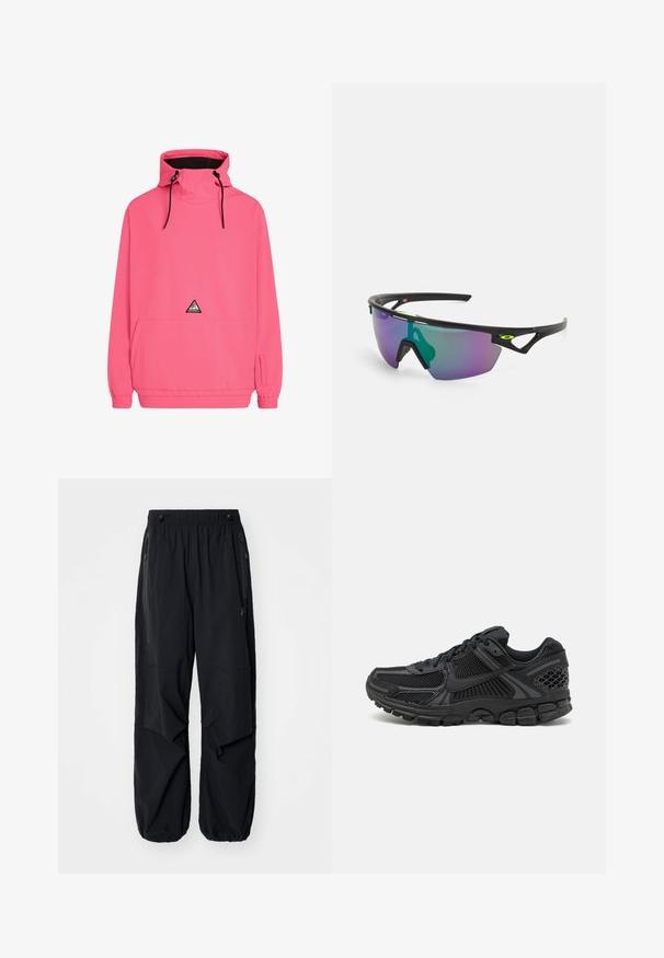 Růžová mikina s vysokým límcem, nastavitelnými stahovacími šňůrkami, přední kapsou a elastickými manžetami. Obsahuje trojúhelníkové logo na hrudi.; Černé lehké cargo kalhoty s elastickým pasem, bočními zipy a prostornými kapsami. Mají volný střih a zúžené manžety.; Černá sportovní bota s síťovinovým svrškem, gumovou podrážkou a texturovanými akcenty. Design zahrnuje výrazný systém šněrování a polstrovanou podrážku.; Sportovní sluneční brýle s černým rámem, velkým gradientním sklem s fialovými a zelenými odstíny a hranatými designovými akcenty s detailem loga.