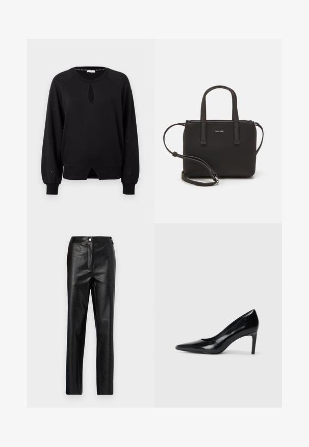 Schwarzes Sweatshirt mit einem Schlüsselloch-Ausschnitt, langen Raglanärmeln und gerafften Bündchen. Verfügt über kreisförmige Akzente entlang der Ärmel und einen abgerundeten Saum.; Schwarze Kunstlederhosen mit Krokodilprägung, schlanker Schnitt, gerades Bein-Design, mit einem Frontknopfverschluss und standard Bund.; Schwarzer Lederhochschuh mit spitzem Zehenbereich, glatter Textur und schmalem Absatz. Minimalistisches Design, keine zusätzlichen Verzierungen.; Schwarze Handtasche mit zwei kurzen, doppelt geflochtenen Griffen und einem abnehmbaren Schulterriemen. Glattes, lederähnliches Material mit einem Reißverschluss und Logodetail.