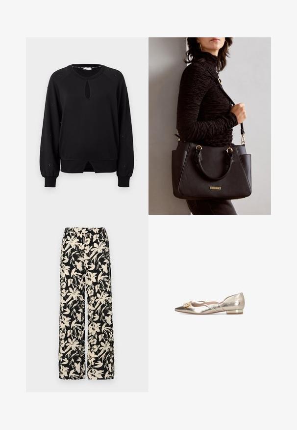 Sweat-shirt noir avec un décolleté en forme de trou de clé, des manches longues en raglan et des poignets froncés. Présente des accents circulaires le long des manches et un ourlet courbé.; Pantalon large noir avec un motif floral crème. Fabriqué en tissu léger, il présente une texture lisse et une taille haute.; Ballet flat en or métallisé avec un bout pointu, présentant des sangles croisées et un accent orné de bijoux. Talon bloc bas avec un détail en or.; Sac à main noir avec surface texturée, deux poignées supérieures et bandoulière réglable. Doté de quincaillerie dorée et de poches latérales.