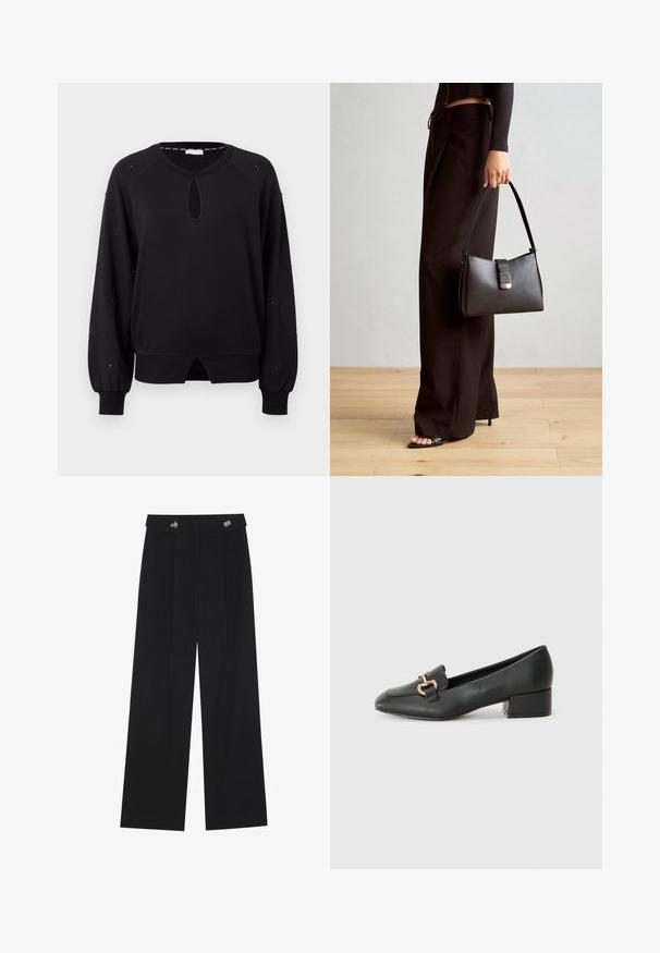 Sweat-shirt noir avec un décolleté en forme de trou de clé, des manches longues en raglan et des poignets froncés. Présente des accents circulaires le long des manches et un ourlet courbé.; Pantalons larges noirs à taille haute, avec des détails de boutons à la taille et des plis sur le devant.; Mocassins en cuir noir avec un talon plat, présentant un détail décoratif en métal doré à l'avant et une texture lisse.; Sac à main noir à la forme structurée, texture lisse et fermoir métallique. Associé à un pantalon noir ample et des sandales ouvertes sur un sol en bois.