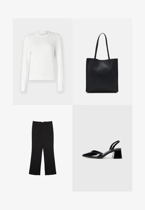 Maglione bianco a maniche lunghe, con collo a coste, strisce orizzontali testurizzate e dettagli con bottoni dorati su una spalla.; Pantaloni neri a gamba dritta, con tasche frontali e spacchi laterali all'orlo. Realizzati in tessuto morbido e liscio. Adatti a diverse occasioni.; Décolleté in vernice nera con punta affusolata e tacco in geometria cubica. Presentano un design elegante e minimalista, con una texture liscia.; Borsa tote in pelle nera con texture liscia, forma rettangolare e due manici lunghi. Nessun hardware o decorazione visibile.