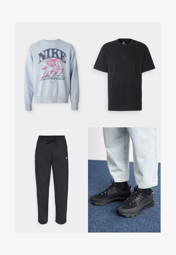 Svetlo modra jopica z veliko grafiko rožnatega konja z krili in črnim napisom "NIKE". Mehka tkanina, okrogla vrata in rebrasti manšeti.; Nike črna bombažna majica z klasičnim okroglim izrezom, kratkimi rokavi in subtilnim, vtisnjenim logotipom na prsih. Gladka tekstura.; Črne trenirke iz mehkega materiala z elastičnim pasom, vrvico in majhnim logotipom Nike na levem stegnu.; Črne športne čevlje z teksturirano tkanino in gumijastimi podplati, ki imajo elastične vezalke ter modre poudarke na peti. Nosi se z lahkimi denim hlačami.