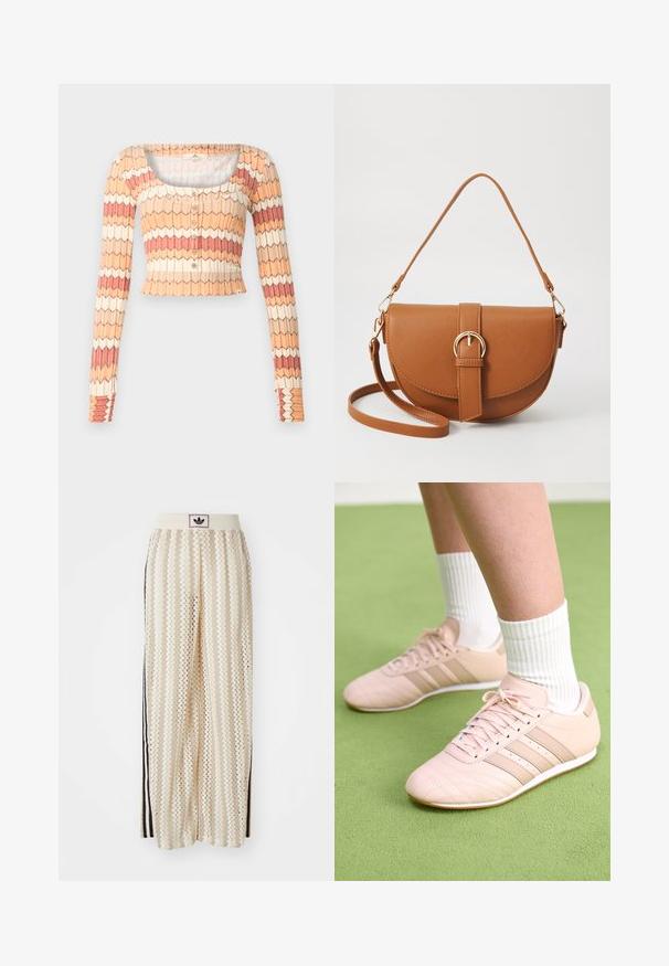 Rip Curl COSY CARDIGAN - Neuletakki - multicoloured; Valkoiset leveälahkeiset housut, joissa on sahalaitakuvio, musta logovyötärö ja sivuilla mustat raidat. Kevyt, teksturoitu kangas.; Vaaleanpunaiset urheilukengät, joissa on vino sauma, valkoiset pohjat ja kolme sivuraidetta. Käänteiset valkoiset sukat päällä vihreällä pinnalla.; Ruskean nahkainen olkalaukku, jossa on kaareva muoto, kultaiset yksityiskohdat ja solkiyksityiskohta. Varustettu irrotettavalla olkahihnalla.