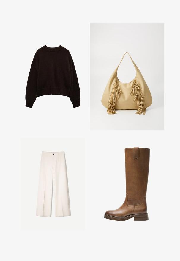 Pulover tricotat de culoare maro închis, cu guler rotund, croială oversized, umeri lăsați și manșete și tiv cu nervuri. Detalii de țesătură vizibile.; Pantaloni largi de culoare crem, cu un design croit, având două buzunare la față și o închidere cu un singur nasture în față, realizați dintr-un material neted.; Botă din piele maro, până la genunchi, cu vârf rotunjit, suprafață texturată și toc mic, îngroșat. Dispune de un panou lateral și un capac de prindere în partea de sus.; Geantă de umăr din nubuc bej, cu o deschidere mare și franjuri lungi pe ambele părți, având o textură netedă și un singur mâner.