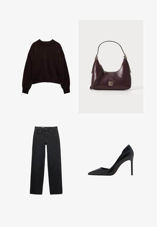 Dark brown knitted sweater with a round neck, oversized fit, dropped shoulders, and ribbed cuffs and hem. Textured fabric detail visible.; Black wide-leg jeans made from denim, featuring five pockets, a button closure, subtle stitching, and a straight cut from waist to hem.; Mango High heels - black; Burgundy leather handbag with a curved shape, gold accents on the hardware, and a zippered closure. Features a detachable shoulder strap.