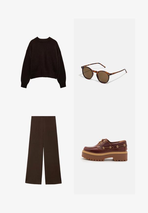 Dunkelbrauner, gestrickter Pullover mit Rundhalsausschnitt, oversized Schnitt, überschnittenen Schultern sowie gerippten Bündchen und Saum. Strukturiertes Stoffdetail sichtbar.; Weite Hosen aus einem glatten, dunkelbraunen Stoff. Sie haben einen hohen Bund und ein minimalistisches Design ohne Verzierungen.; Braune Lederbootsschuhe mit einer massiven braunen Gummisohle, goldenen Ösen und kontrastierenden Nähten. Mit einem Logo an der Seite.; Runde Sonnenbrillen mit Schildpattrahmen und braunen Gläsern. Bietet dünne Bügel mit leichter Textur und Metallakzenten in der Nähe der Gläser.